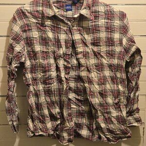 Basic Editions Shirt Women's M Plaid Button Up Long Sleeve Flannel Cotton Casual